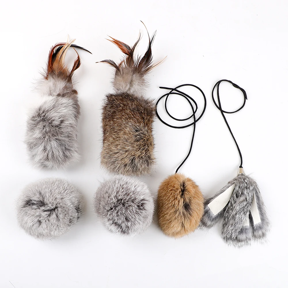 Natural Wood Sticks with Rabbit Fur Teaser Cat Entertainment Toys for Feline Fun and Play