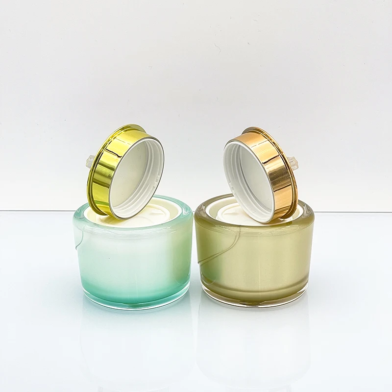 Luxury Green Gold Acrylic Cosmetic Cream Jar And Bottle 30g 50g Plastic Packaging with Screw Cap