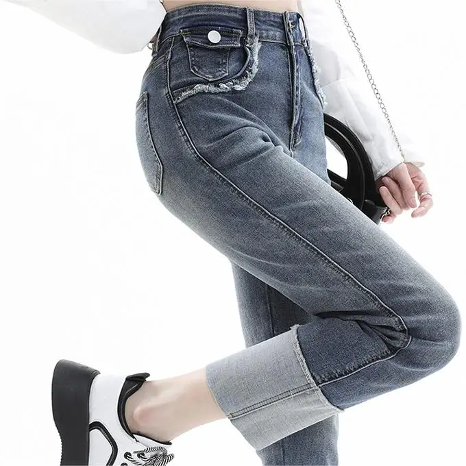 Vintage patchwork raw edge design nine-point pants to make new jeans slim for women