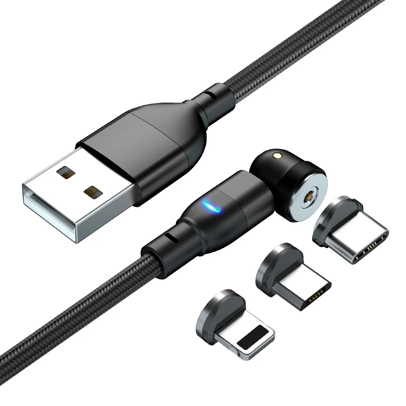  Оптовая продажа новейший светодиодный Micro Usb-кабель 3 в 1 с вращением на 540 градусов для мобильных телефонов и ноутбуков Магнитный зарядный кабель нейлоновой оплеткой типа