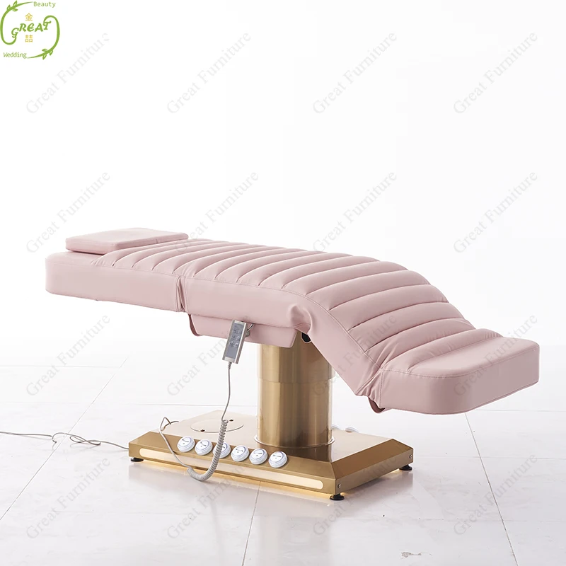 2023 New Designs Beauty Salon Pink 3 Motor Cosmetic Bed Adjustable Electric Facial Massage Table With Led Lighting