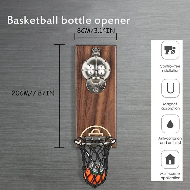 Wooden wall mounted magnetic basketball bottle opener for collector catcher
