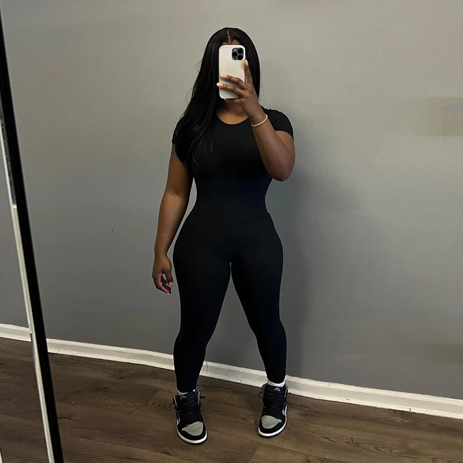 Kliou K23Q40090 Autumn Classic Playsuits Women Solid Long Sleeve Crew Neck Basic Casual Slim Fit Ladies Rompers