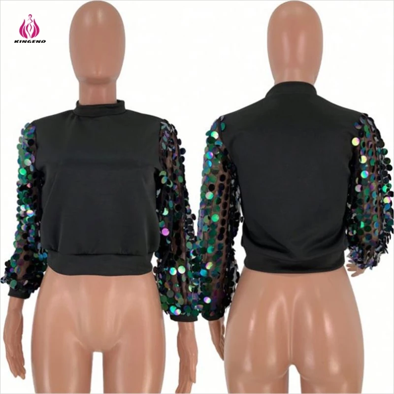 
KG3575 Newest Design Solid Color Round Neck Sequins Sleeve Latest Design 2021 Women Blouse And Shirt 