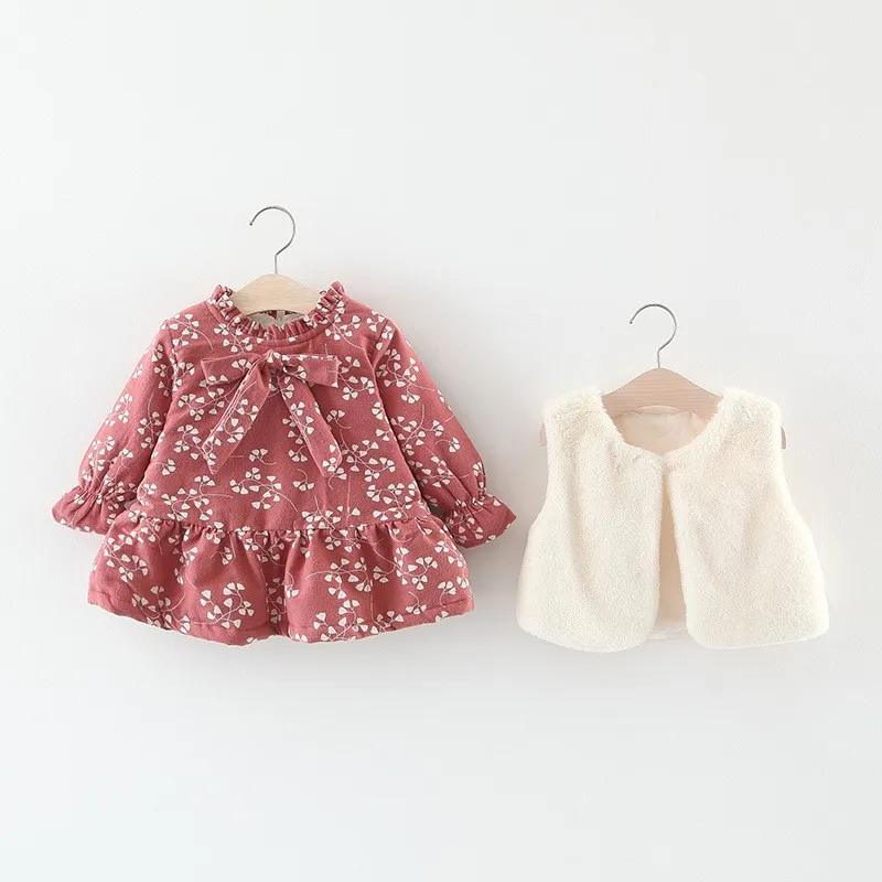 Baby Girls Dress Autumn and Winter Girls Thicken Plus Velvet Long Sleeve Down Dress White Fur Vest 2Pcs Suit Kids warm Clothes