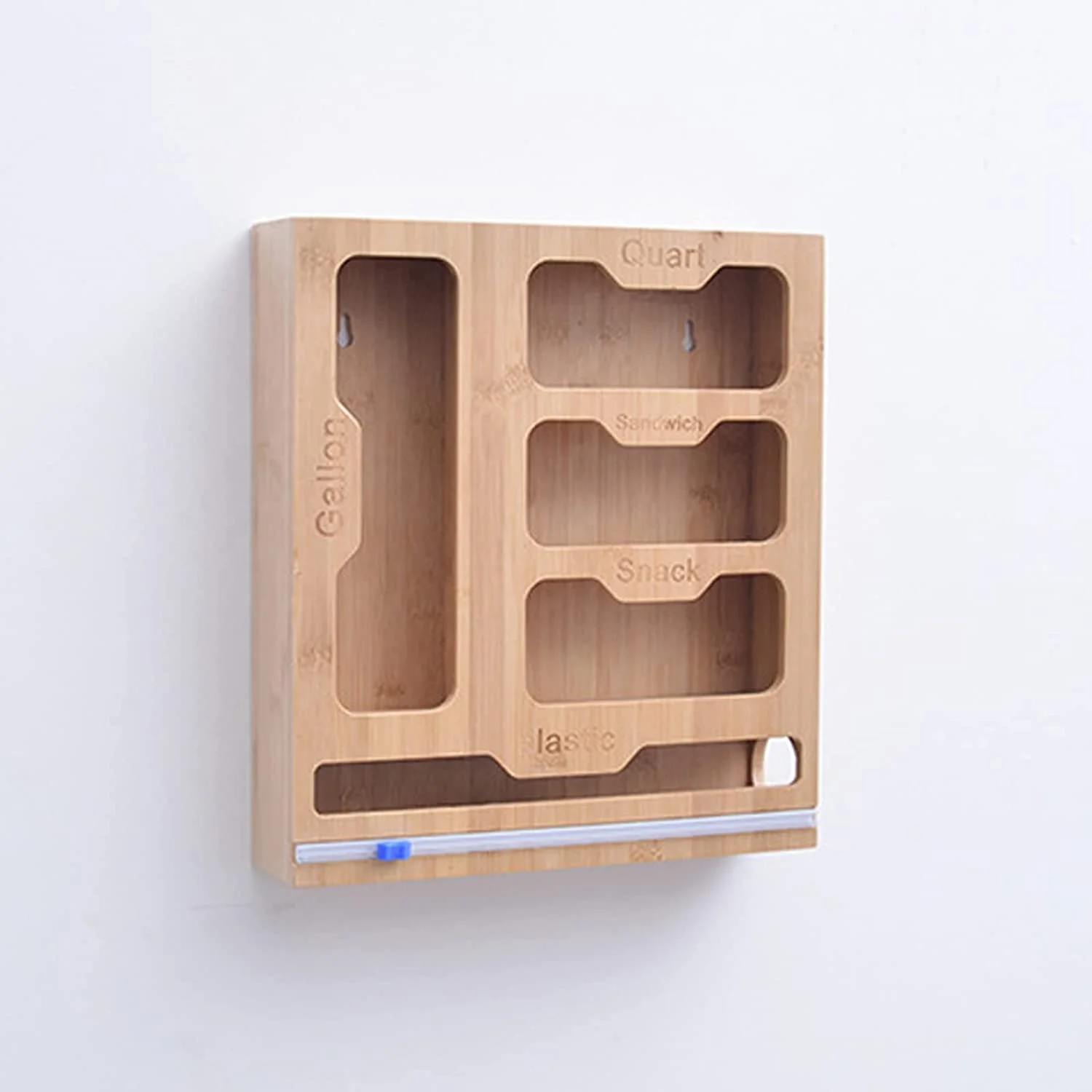 Wall Bamboo Food Ziplock Bag and Plastic Wrap Foil Storage Organizer and Dispenser for Kitchen Drawer