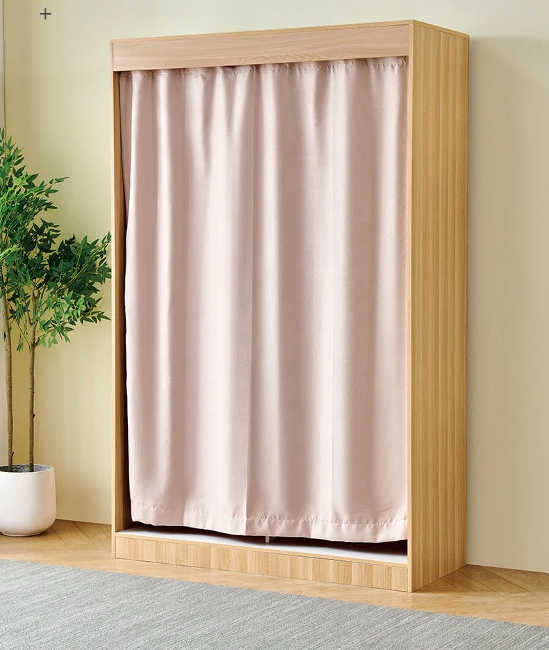 VIC Bedroom Wood Closet Panel Sliding Rail Curtain Dust Cabinet Open Cloth No Door Cover Mirror Perforation-Free Open Wardrobe