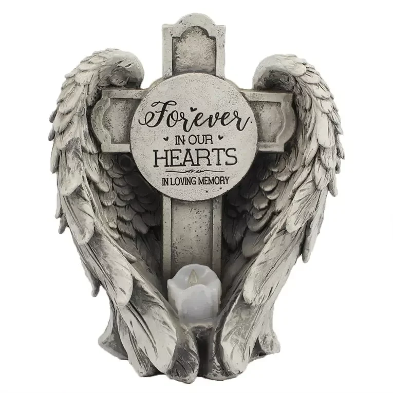 Polyresin Pet memorial Custom Cross With Wing Statue LED Light Pet Memorial For Dog Cat