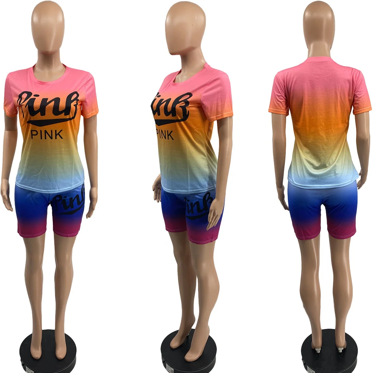 
GQ2536 hot sale two piece casual set women rainbow gradient printing women sets two piece shorts casual two piece set 