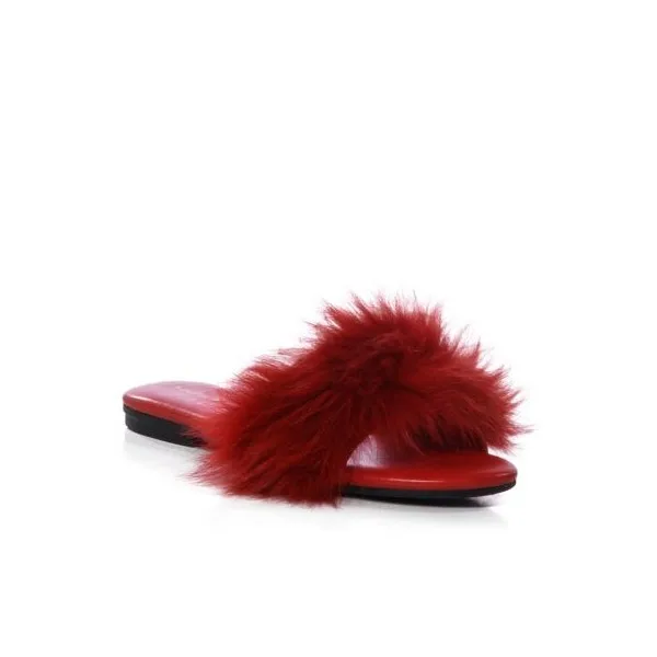 Wholesale Price Women Fashion Foxy Fur Flat Slippers Ladies Slip On Wide Real Fur Outdoor Slippers Sandals