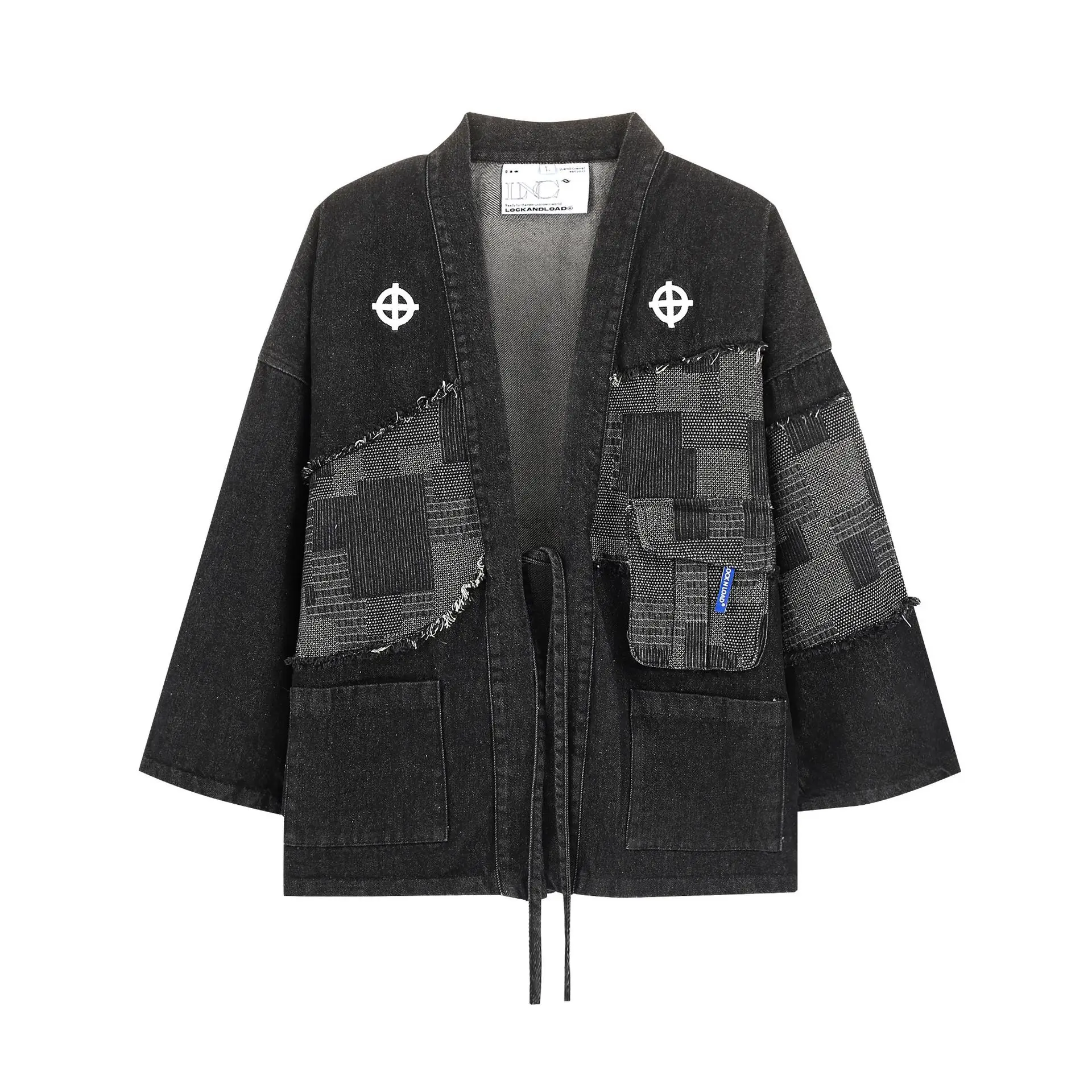 Autumn And Winter Japanese Original Vintage National Clash Colour Wash Rubbed Denim Taoist Robe Trend Cardigan Jacket Men
