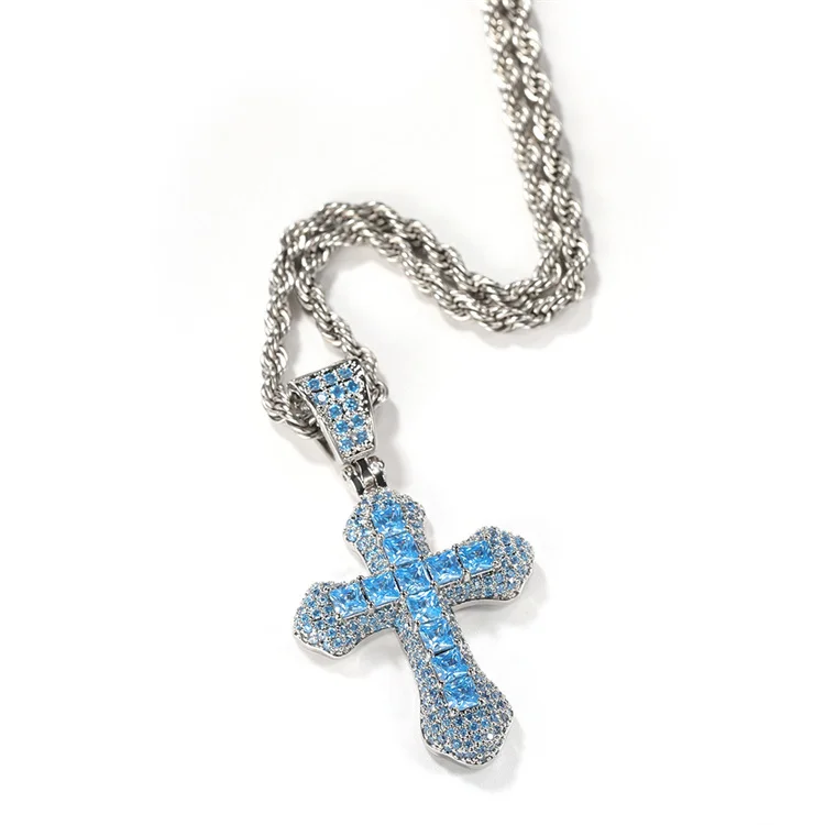 Stainless Steel Necklace Hip Hop Fashion Jewelry Blue Zircon Cross Brass Pendant Necklace