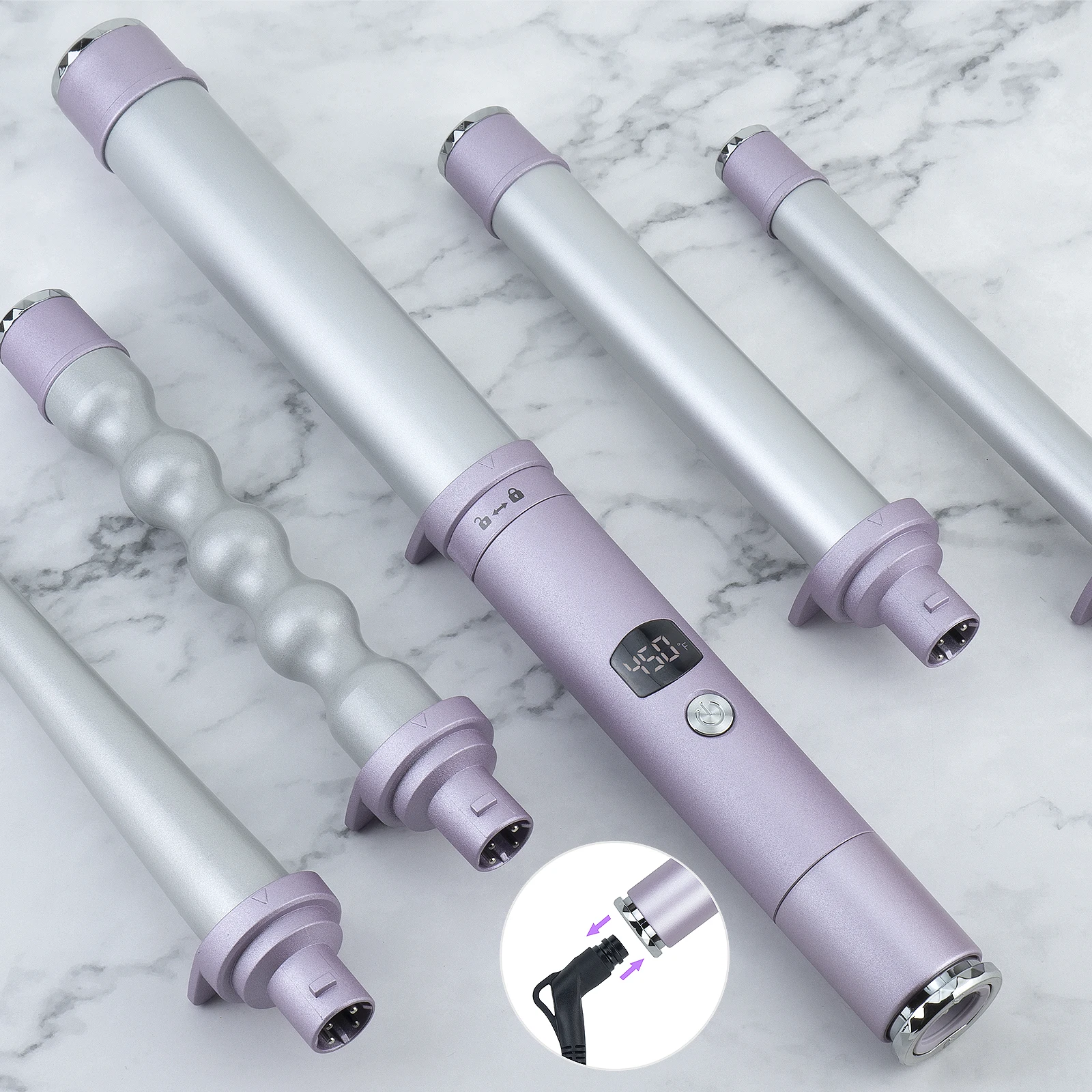 Interchangeable heating barrel hair curler set,  curling wand with patent detachable power cord