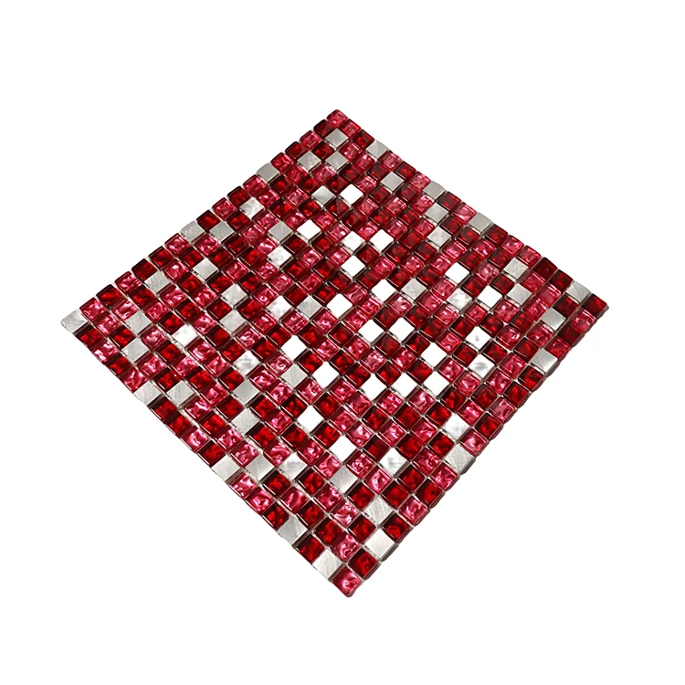 Factory Discount Price Silver Aluminum Metal Red Mixed Glass Mosaic Tile Tiles For Walls