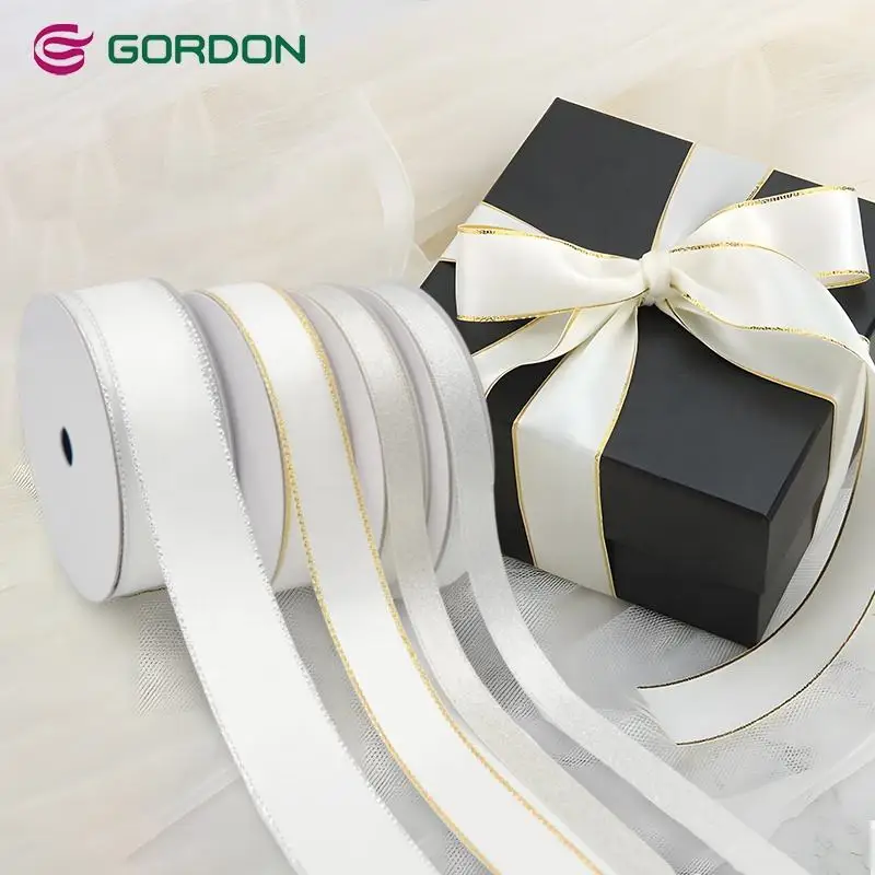 Gordon Ribbons Christmas Luxury Customized Gold/Silver  Edge Gift Satin Ribbon Gold Edge Satin Ribbon For Chocolate Box Wrapping