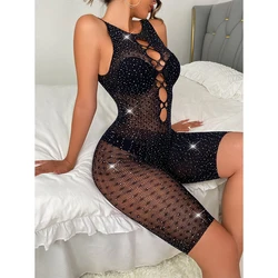 Cheap Seethrough Black Mesh Sleeveless Bodycon Lace Rhinestone Women Sexy Teddy Lingerie Bodysuit
