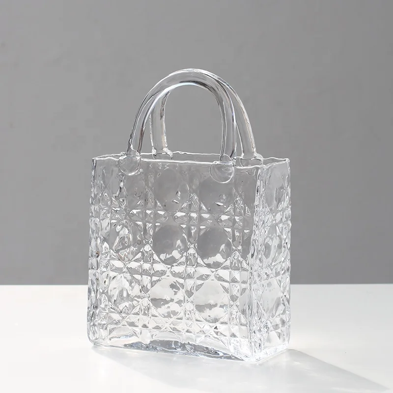 Bixuan Cuboid Hand Bag Vase Modern Flower Arrangement Purse Vase Unique Fishbowl Table Decor Gift Diamond Pattern Glass Vases