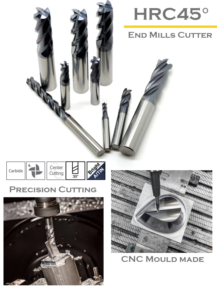 4 Flutes Flat End Mill Cutter Tungsten Carbide Straight Shank 1mm - 12mm Center Drill CNC End Milling Route Bits