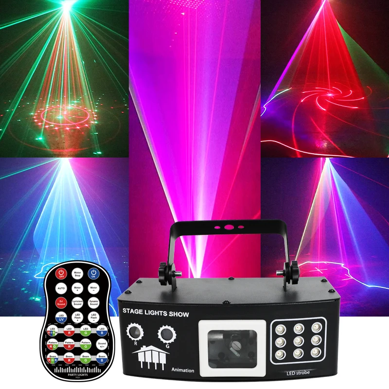 4-in-1 3D Animated Laser Projector 9-LED Par Lamps with UV Effects Remote Sound & DMX Control for DJ Disco Parties Bars & Clubs