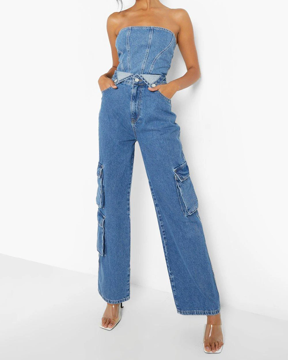 OEM ODM Custom High Quality Denim Cargo Pants Trousers 100% Cotton Straight Leg Loose Fit Pocket Utility Women Cargo Jeans