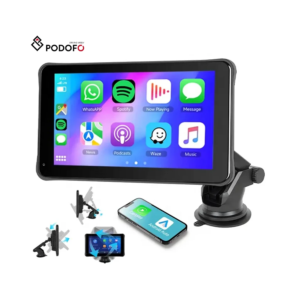 Podofo 7inch Portable Smart Display Wireless Carplay & Android Auto Touch Screen Car Radio Stereo AirPlay BT FM OEM Factory