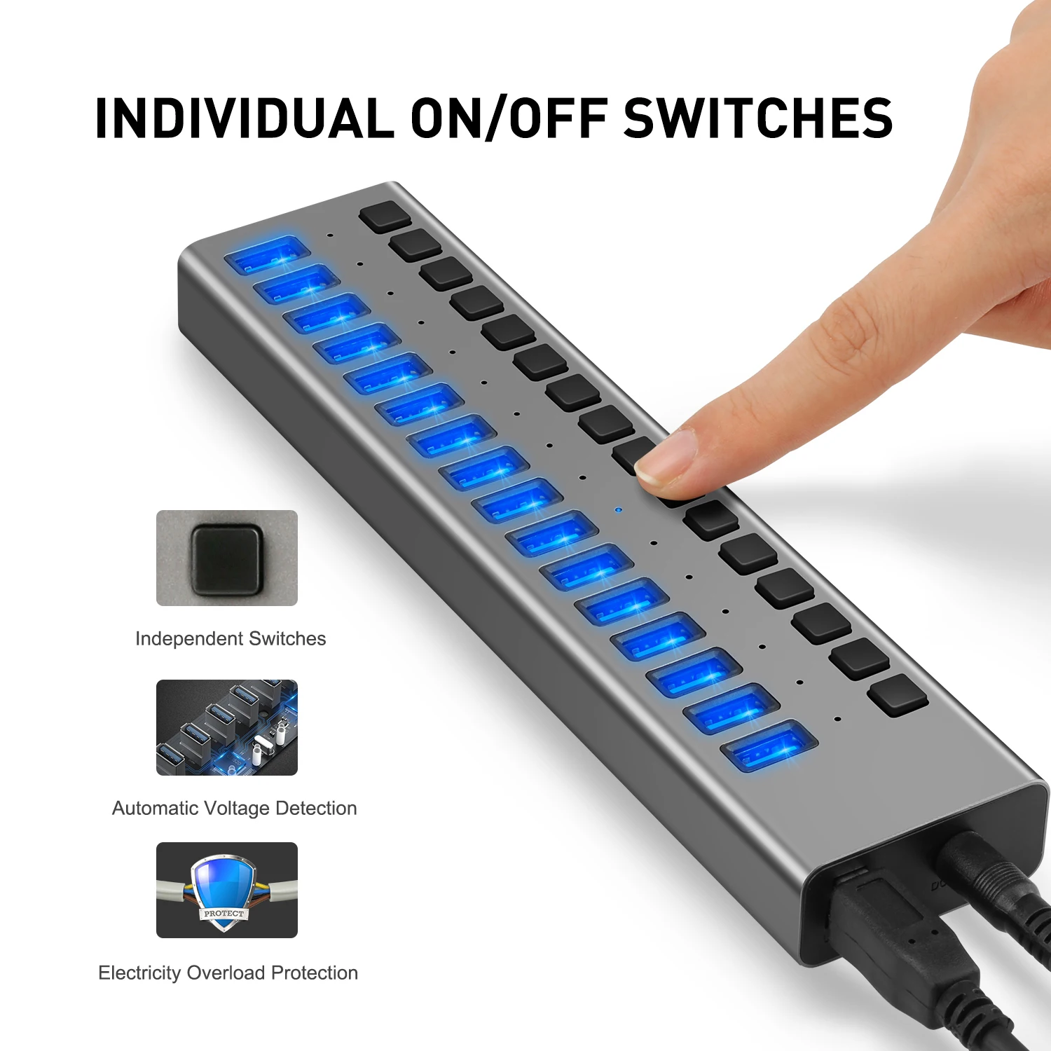 Hot Selling Multiport USB Ports External 90W Power Adapter USB 3.0 Hub 16 Port USB Hubs with Switches for laptop