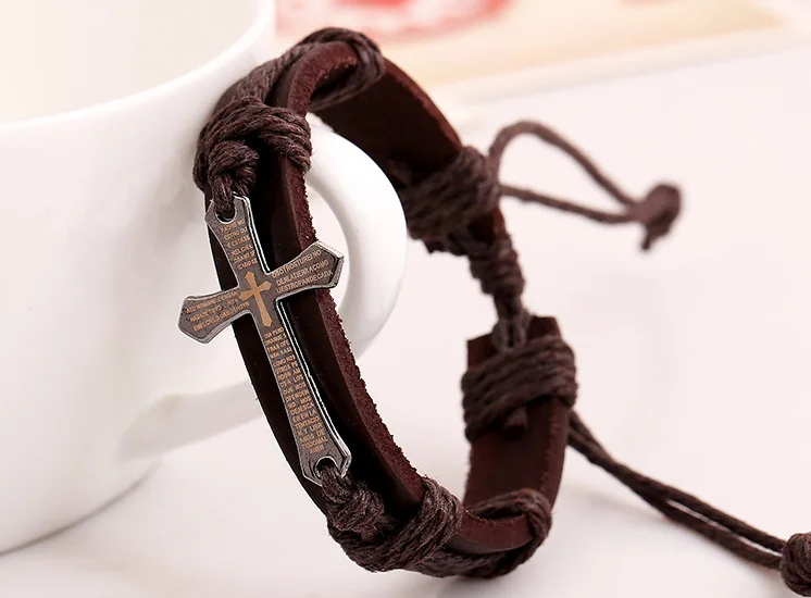 Spanish language Catholic religious cross charms christian woven leather bracelet for men