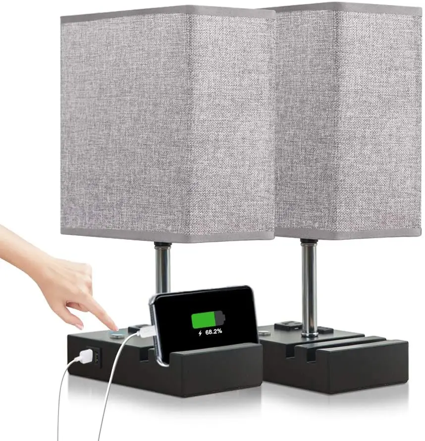 Настольная лампа с сенсорным управлением и 2 подставками для телефона, приглушаемый USB-абажур серого цвета со встроенным 2 USB-портами и 2 розетками переменного тока