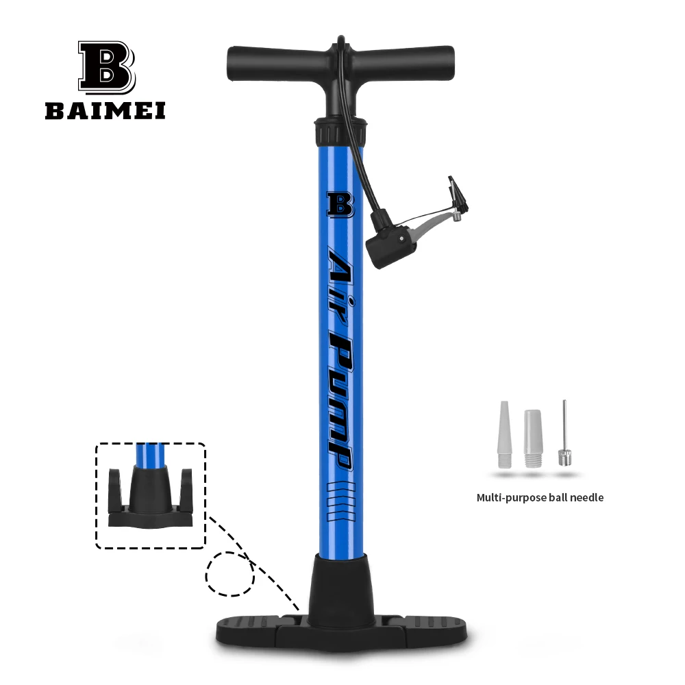 Bicycle ball floor pump with retractable base and pressure gauge for French and American bicycle pump valves