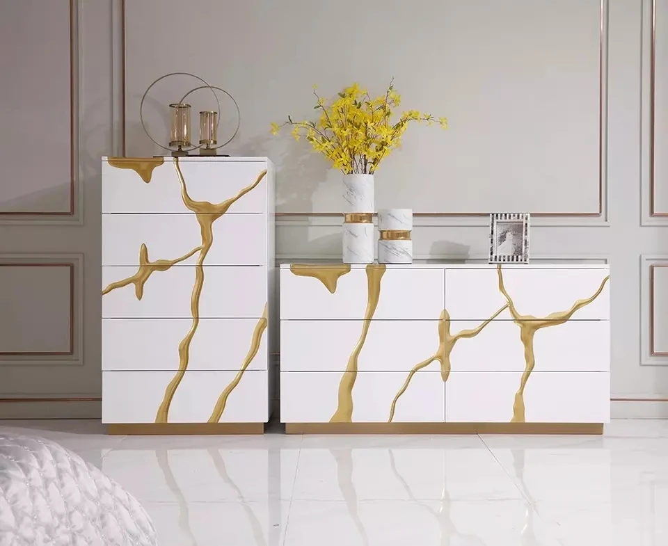 Modrest Aspen  Glam White & Gold Dresser w/ 6 Drawers and  Chest w/ 5 Drawers Light luxury glam Mirrored Furniture Set