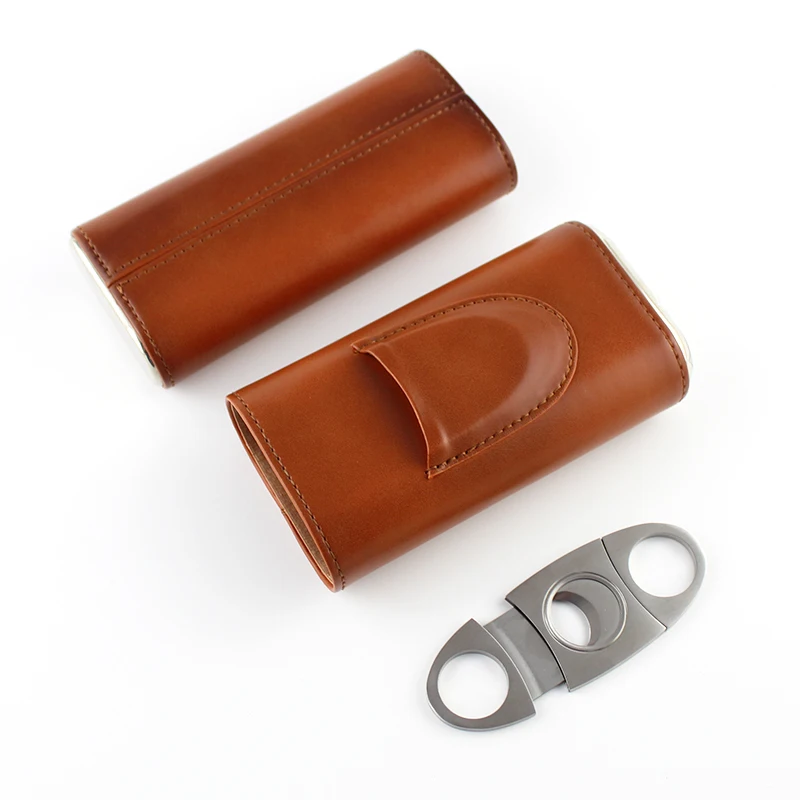 Portable Travel Leather 3 Finger Brown Cigar Case Humidor With Sharp Cutter