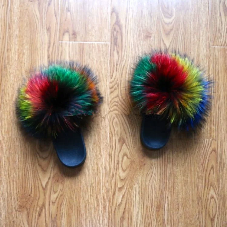 
Custom Real Multi-color raccoon fur slippers soft fur slides for Fashion Women 