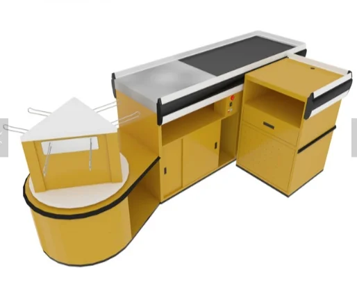 grocery checkout counter with conveyor belt, supermarket counter cashier desk