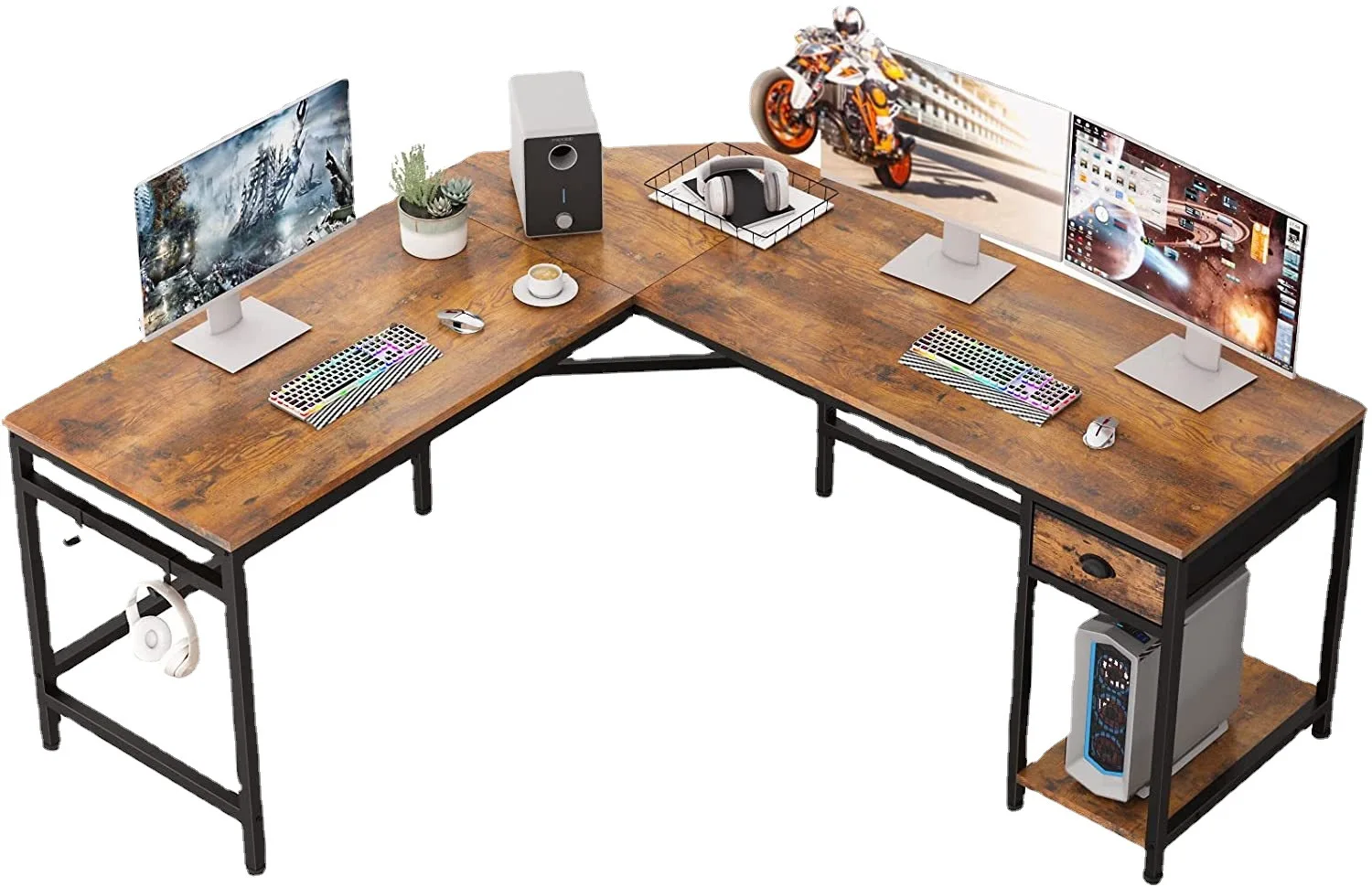 Wood Home Office Corner L Shape Metal Desktop Computer Desk with Bookshelf