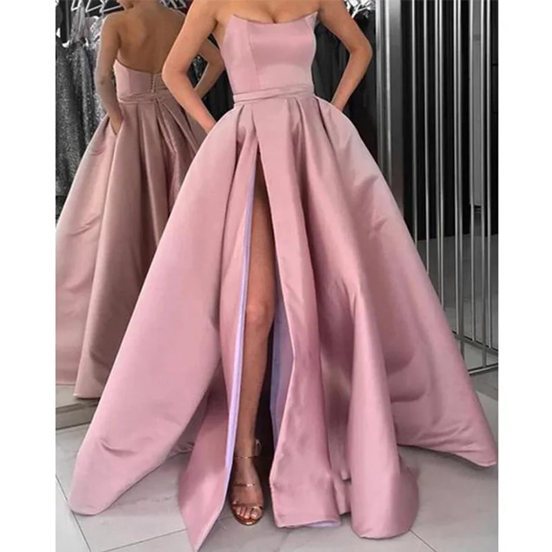 Solid Color High Slit Lady Fashion Off Shoulder Pleated Evening Dresses long dress wedding evening dress