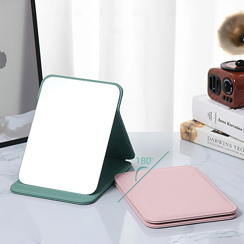 Portable Folding Large Makeup Mirror Pink PU Leather Vanity Mirror With Stand For Desk Table
