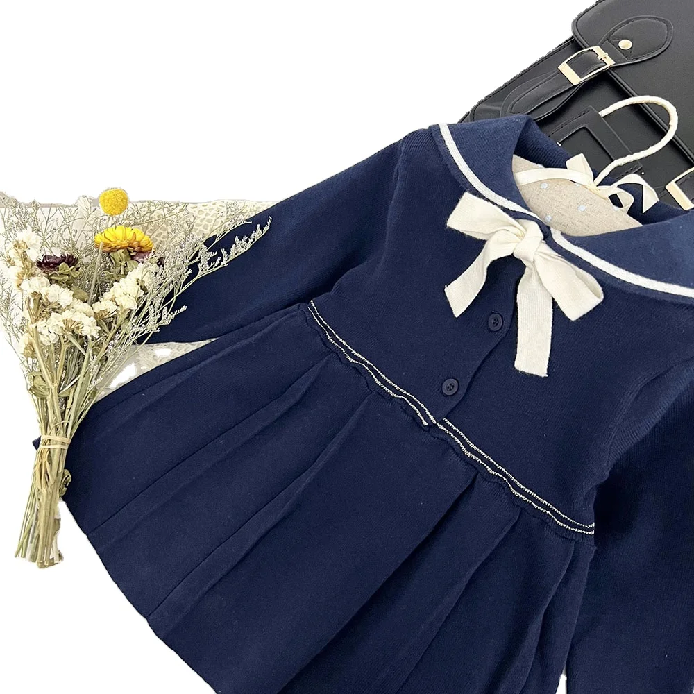 Осеннее вязаное платье для маленьких девочек, плиссированное платье с воротником в морском стиле