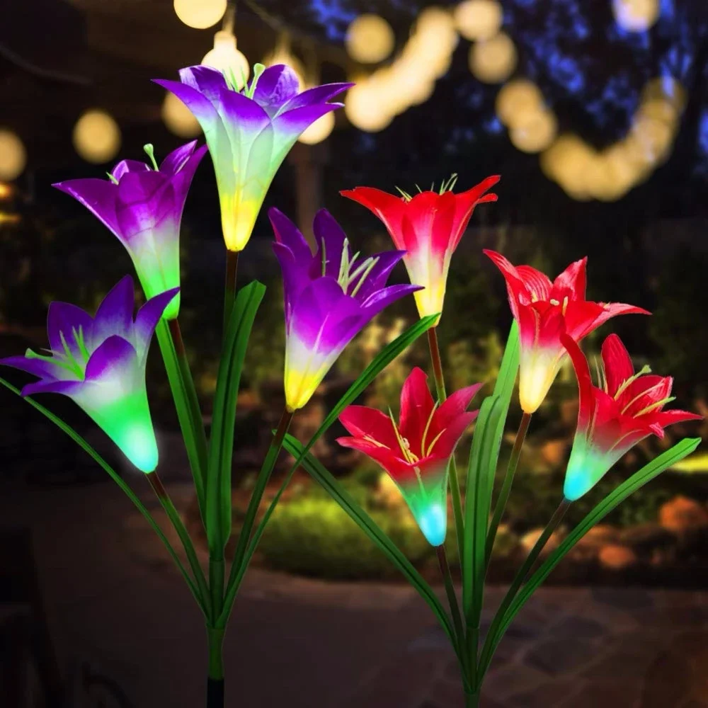 Outdoor Solar Garden Stake Lights Solar Powered Lights Lily Flower Multi-Color Changing LED Solar Landscape Light