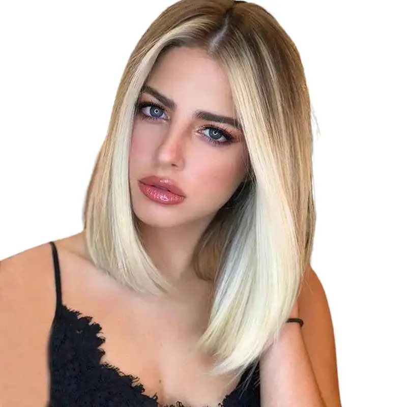 Brown Platinum Blonde Synthetic Wigs for Black Women Short Straight Bob Wigs Natural Cosplay Heat Resistant Hair Wig