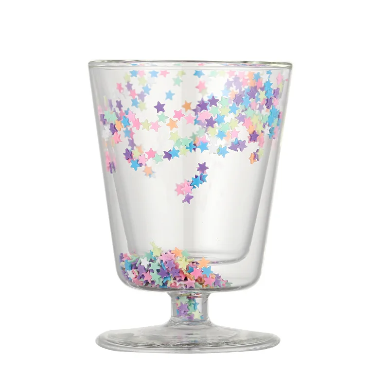 Handmade lovely cute double layer glass water coffee milk cup Borosilicate Insulated Stars Sequin Juice mugs for girl use