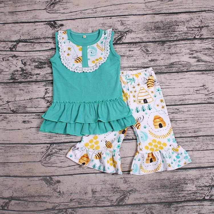 Little Girls Summer Animal Bee Beehive green cotton Kids Clothing Set Girl Outfits Sleeveless Tops Shorts 2PcsChildrens Clothes