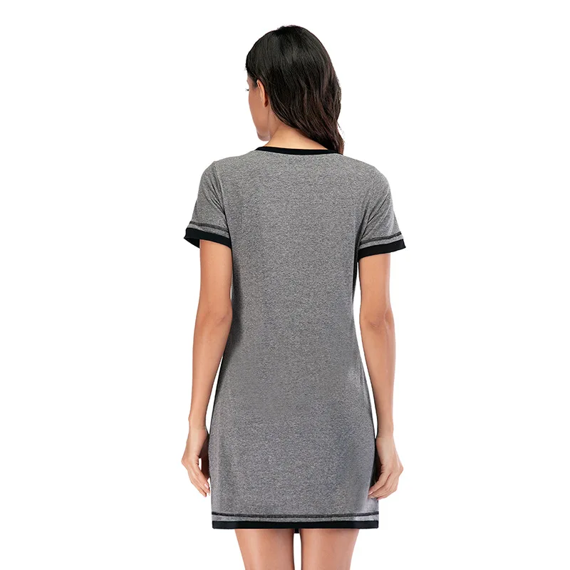 2022 Summer Color Block Collar Short Sleeve Cotton Sleeping Clothes Women Sleep Dress Nightgown Classic