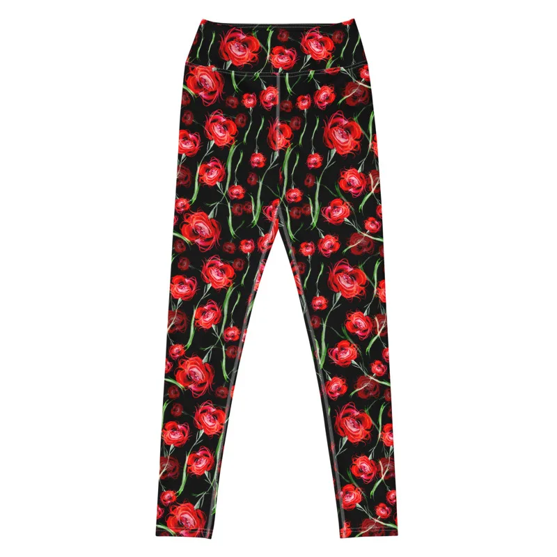 Super Good Quality Four Ways Stretch Skinny Tights Ultra Soft High Waist Women Pants Draw Red Flowers Green Leaves Rose Leggings