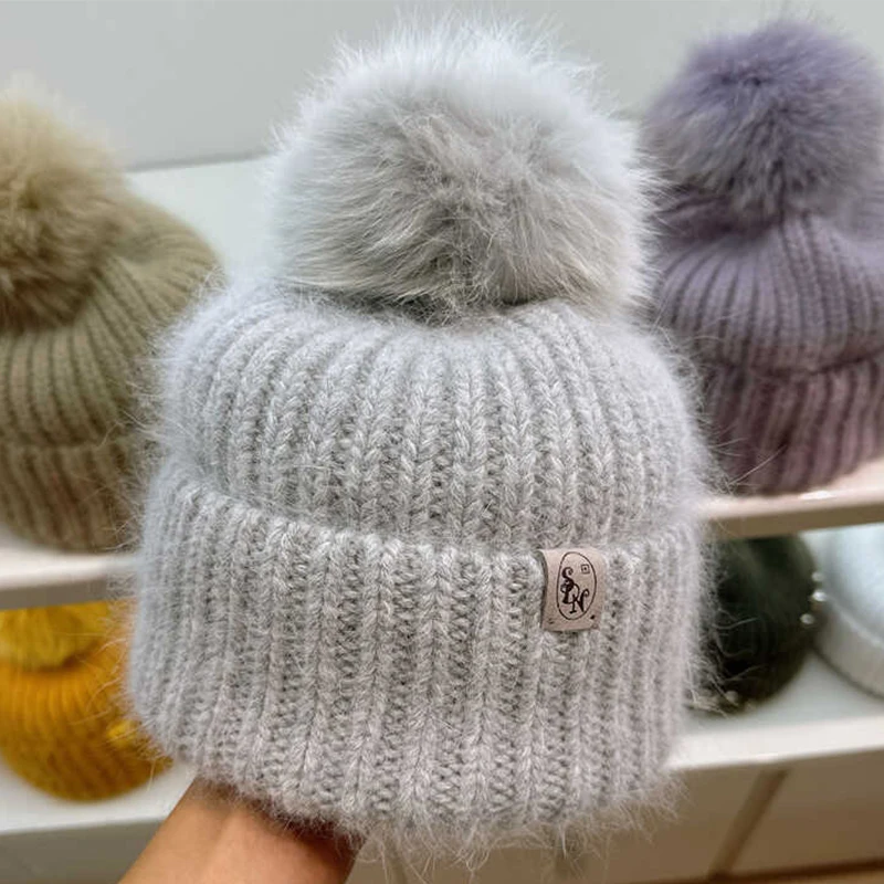 Natural Fox Fur Pompom Beanie Winter Knitted Hats for Women Warm Stripe Wool Beanie Custom Colorful Wide Cuff Skull Hat