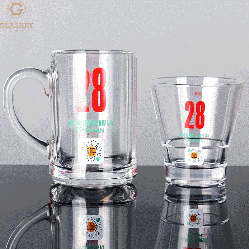 Custom Decal Glass Beer Mug With Handle Beer Tasting Glass Short Glass Cups For Beer