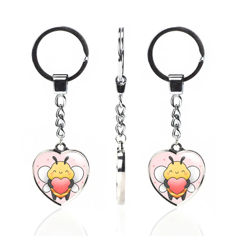 
Promotional Souvenir Peach Heart Custom Picture Metal Key chain Pink Love Shading Crystal Glass Keychains 