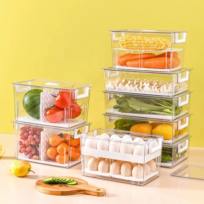 Stackable Fridge Organizer Set Refrigerator Organizer with Lids and Removable Drain Tray for Kitchen