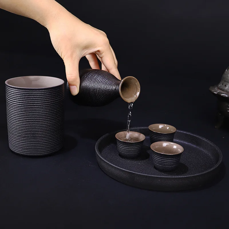 Japanese Style Ceramic Sake Pot Cup Set (9pcs/set) Black Pottery Liquor Flask Wine Bottle Cups Tray