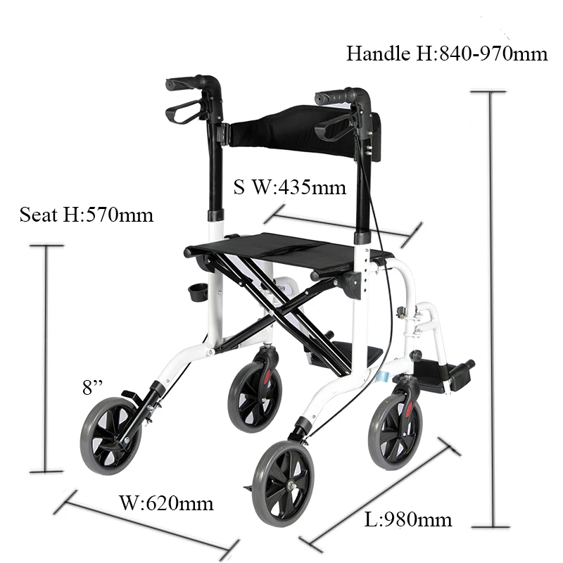 Aluminum Transport Chair Mobility Rollator 2 in 1 Medical Rolling Walker