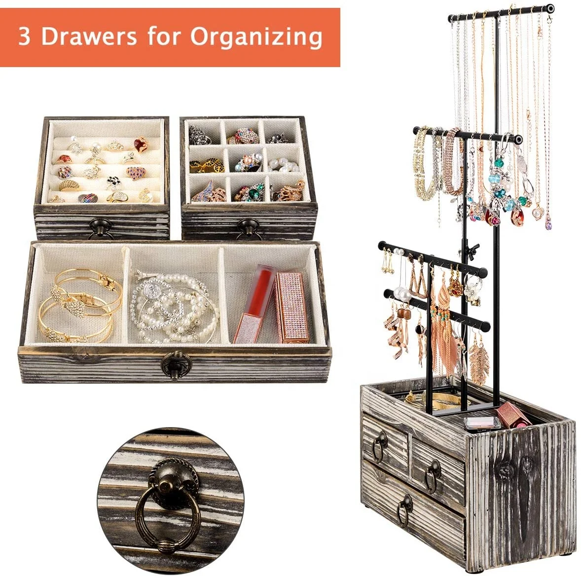 Rustic Wood Jewelry Stand Organizer 4 Tier Metal Jewelry Holder Display With Wood Basic Storage Box 3 Drawers and Adjustable